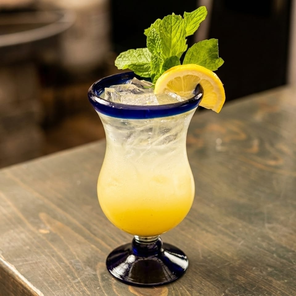 Yellow cocktail with ice, lemon slice, and mint in a blue-rimmed glass on a wooden table.