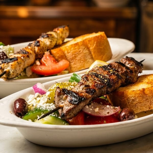 Two plates of Greek souvlaki with grilled meat skewers, salad, and toasted bread on a marble counter.