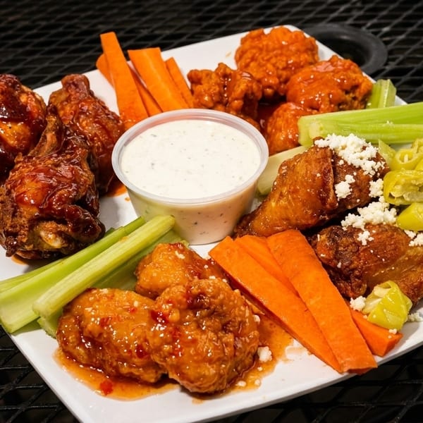 A platter of various chicken wings, including buffalo, BBQ, and sweet chili, with ranch, carrots, and celery.
