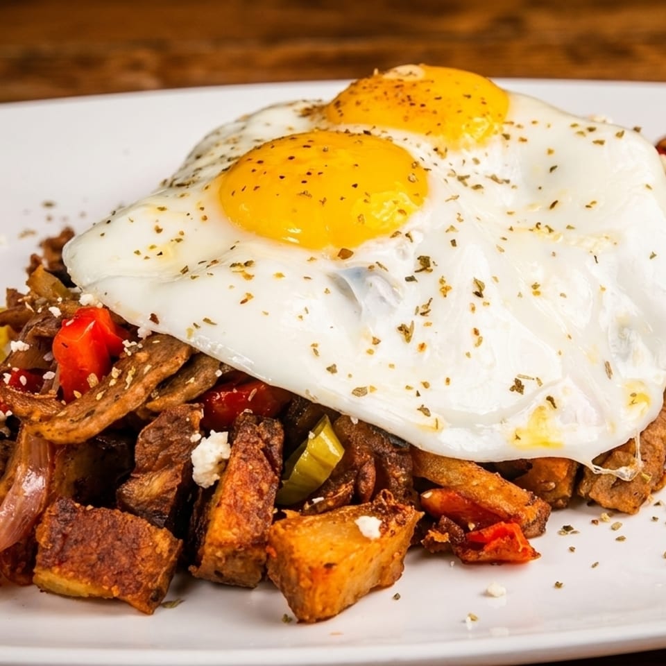 Savory breakfast hash with crispy potatoes, peppers, onions, meat, feta, and two fried eggs.