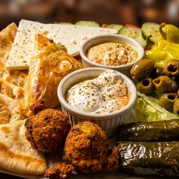 A large platter of Mediterranean appetizers including pita, feta, hummus, tzatziki, falafel, olives, and dolmades.
