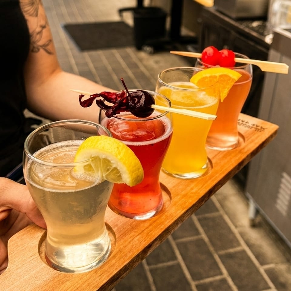 A server holds a wooden tray with four colorful cocktails garnished with fruit.